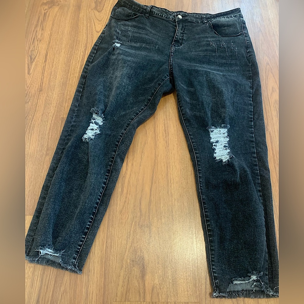 Unbranded black dark wash high rise straight leg ripped distressed raw hem jeans